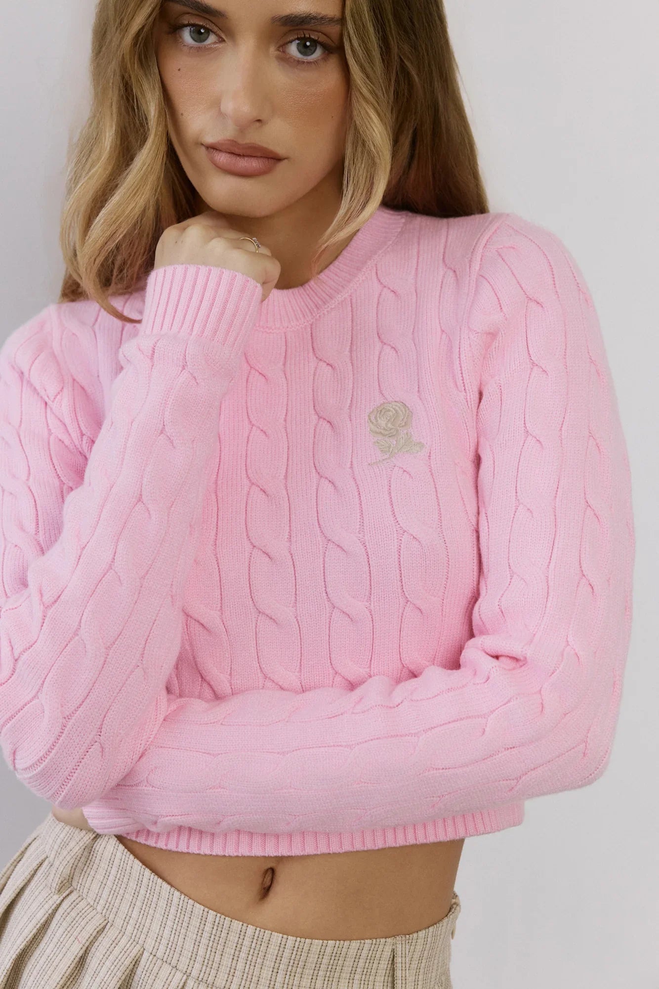 The Exclusive Cable Knit Rose Sweater Pink