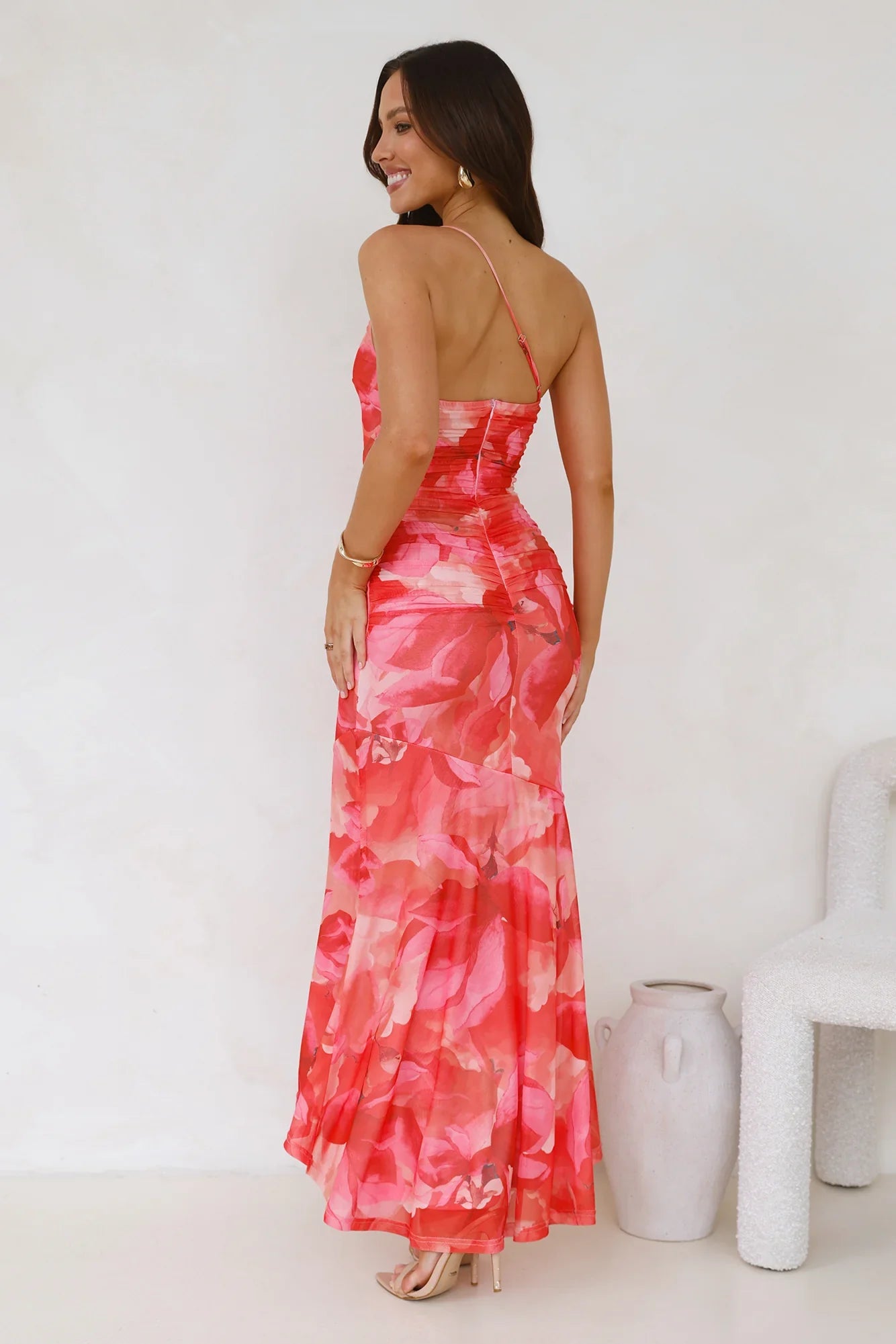 Totally Fabulous One Shoulder Mesh Maxi Dress Print